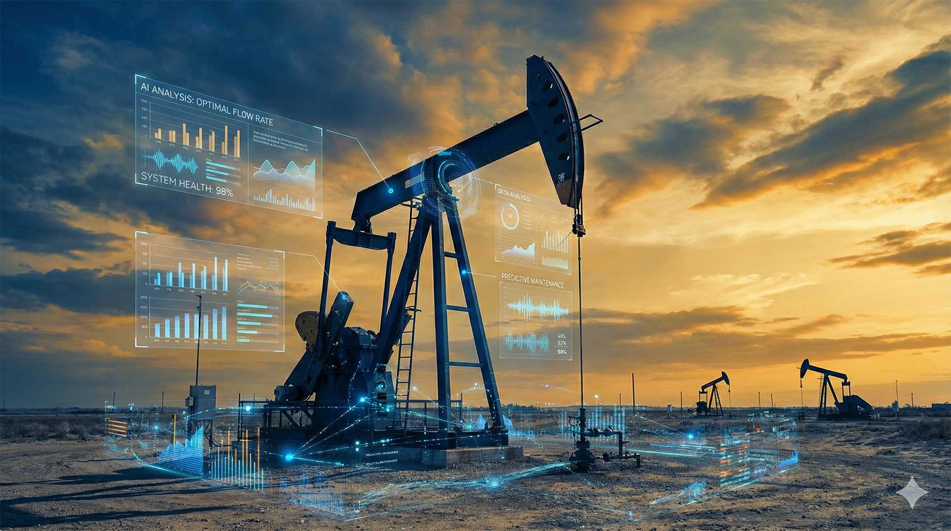 Oilfield pumpjack with AI overlay showing real-time analytics
